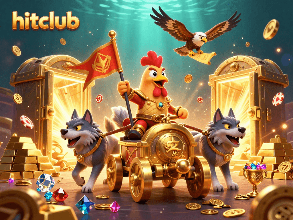 Experience the thrill of hitclub as a rooster warlord conquers riches in a vibrant casino landscape.