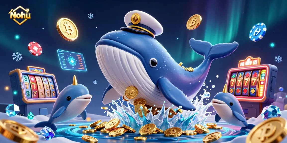 Nohu captivates players with a lively illustration of a whale breaching coins in a crypto casino.