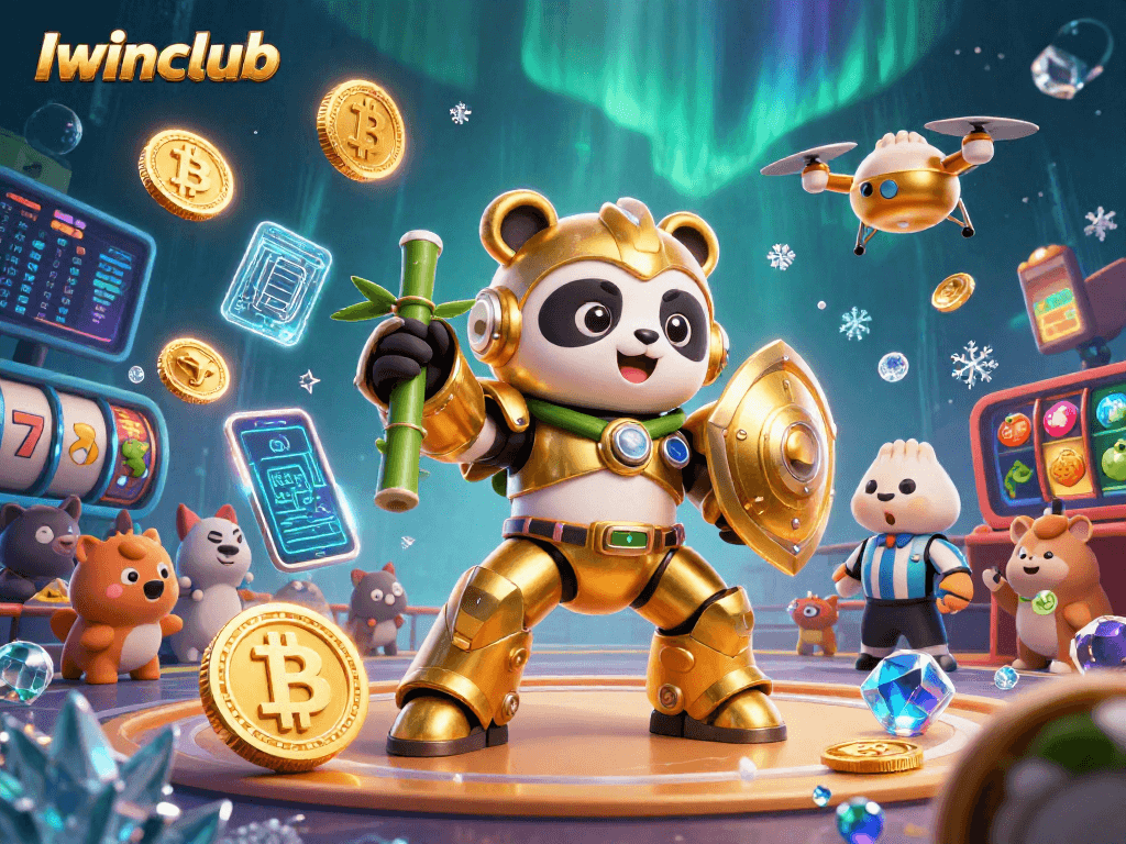 Iwinclub features a thrilling mech-suit panda battling with crypto elements in a vibrant casino arena.