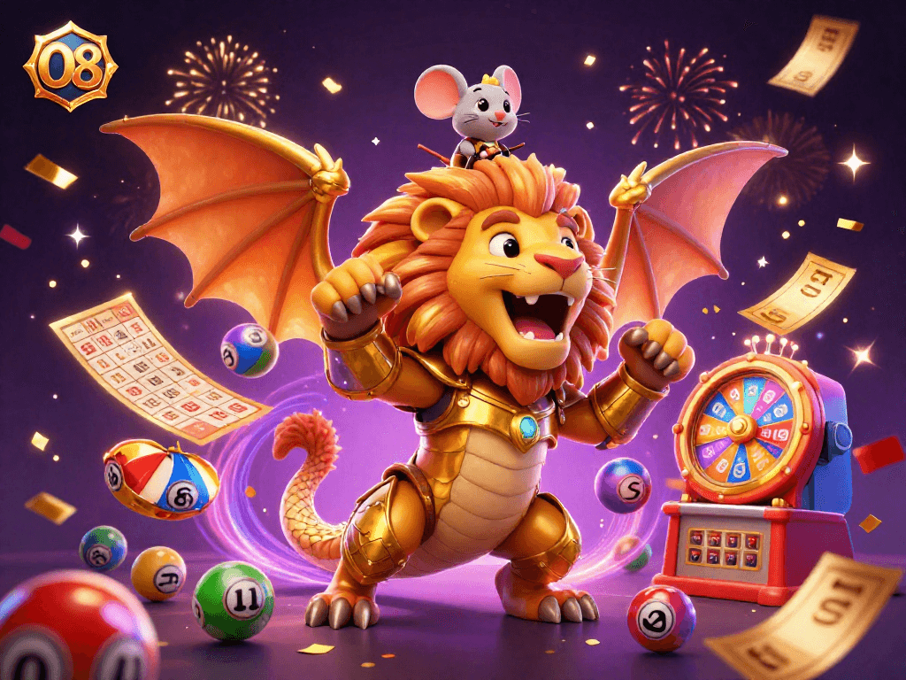 O8 provides an energetic gaming atmosphere featuring dynamic lottery balls and a roaring chimera for exciting play.