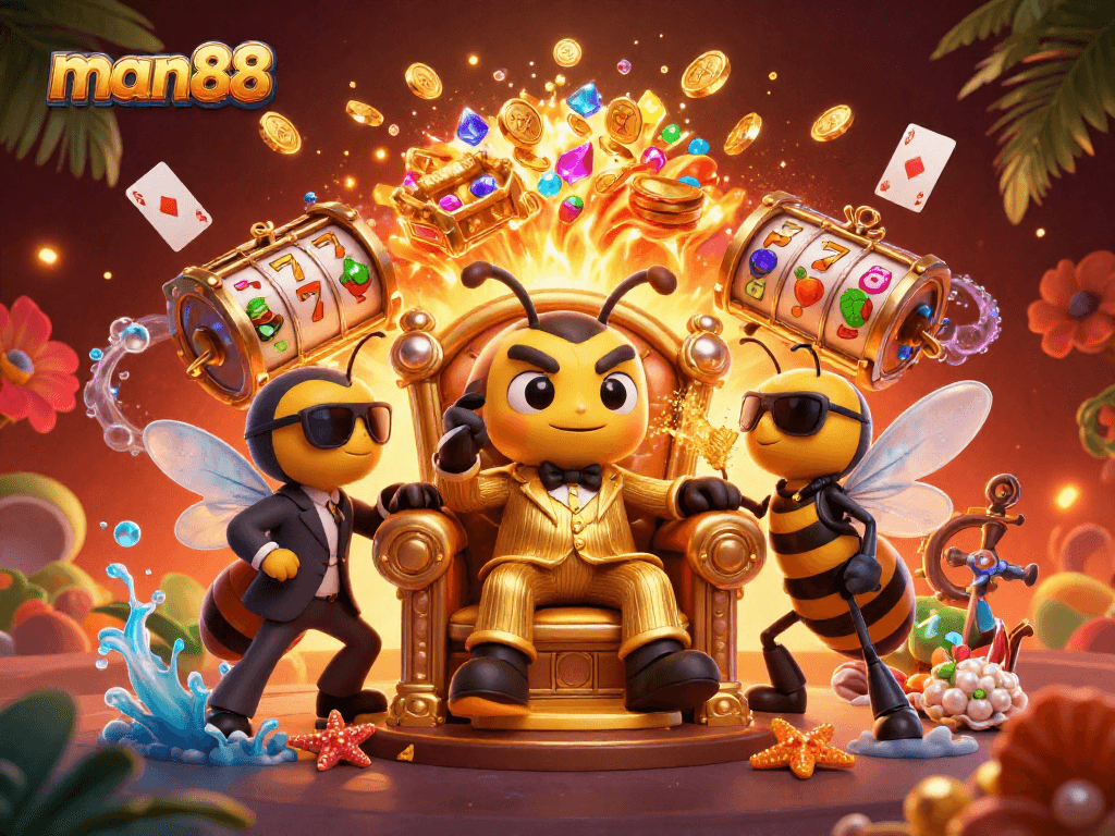 Join the excitement at man88 slots with dazzling characters and casino elements in a vibrant scene.