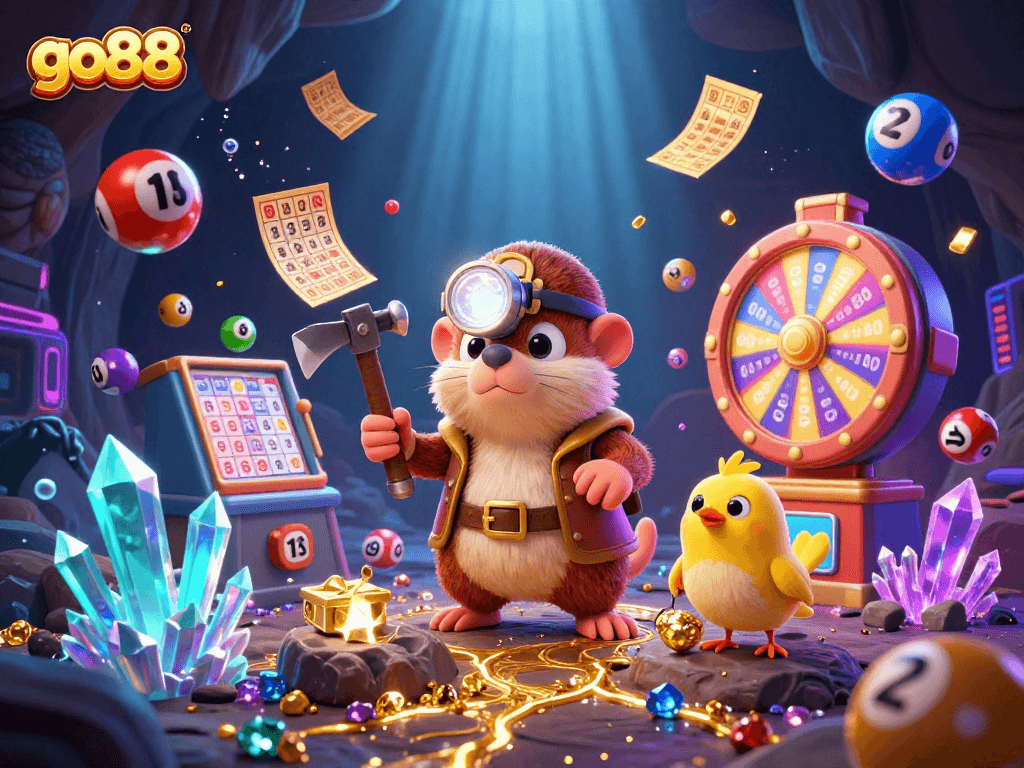 Experience go88's thrilling lottery scene with treasure hunter mole, dynamic game elements, and vibrant visuals.