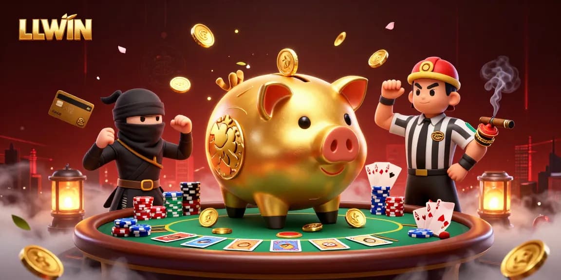LLWIN features a piggy bank sumo wrestler shaking coins at a poker table in a vibrant casino setting.