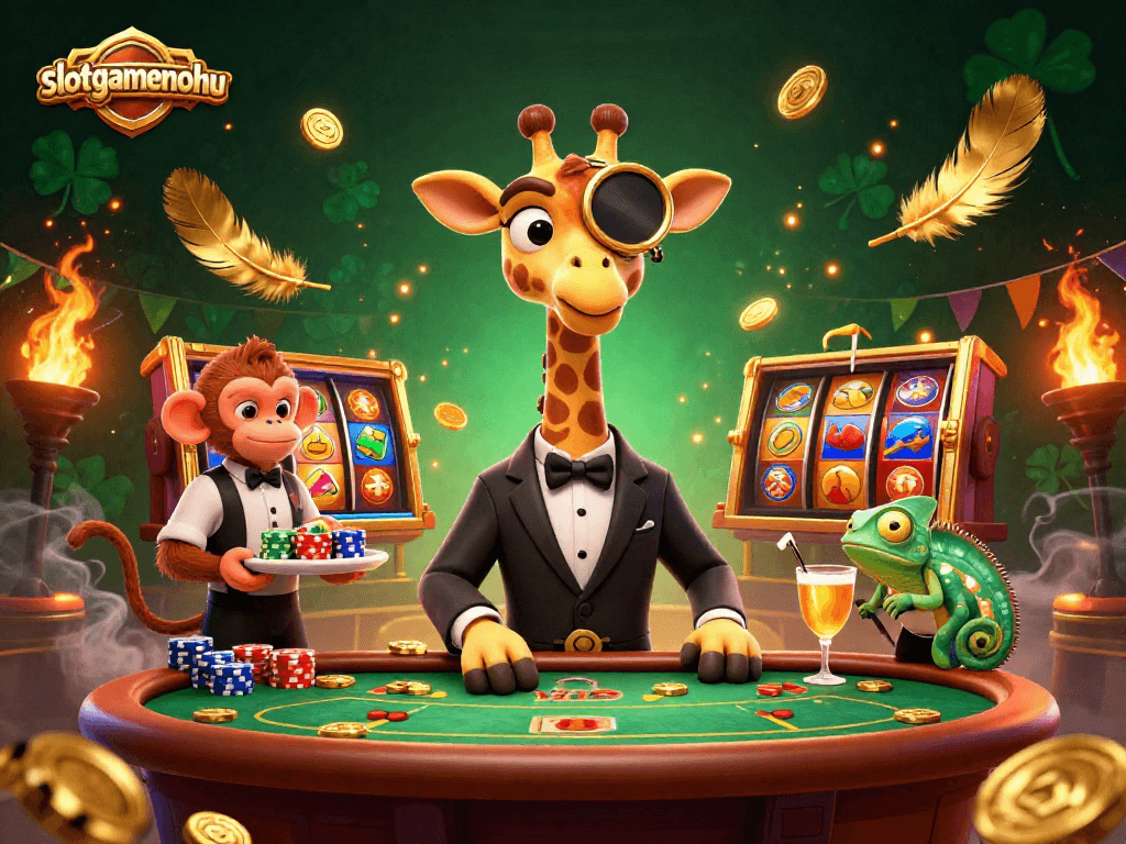 Join the slotgamenohu adventure with a high-roller giraffe and casino elements in this vibrant illustration.