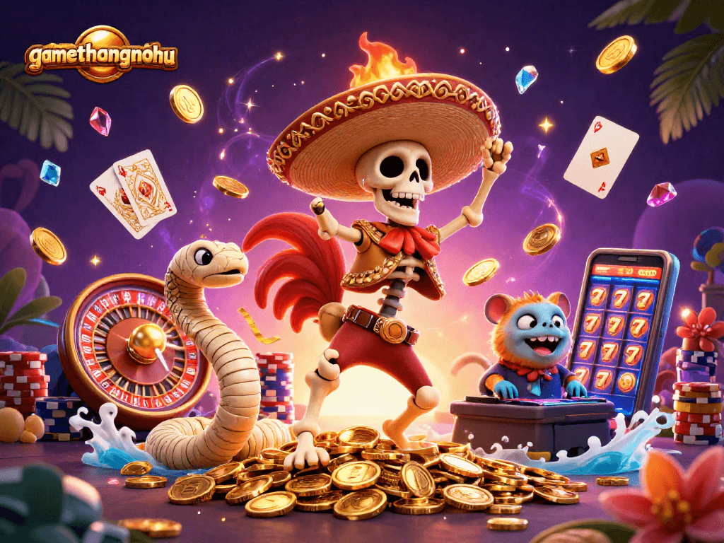 gamethuongnohu celebrating with a cartoon skeleton mariachi rooster and mummy snake on golden coins