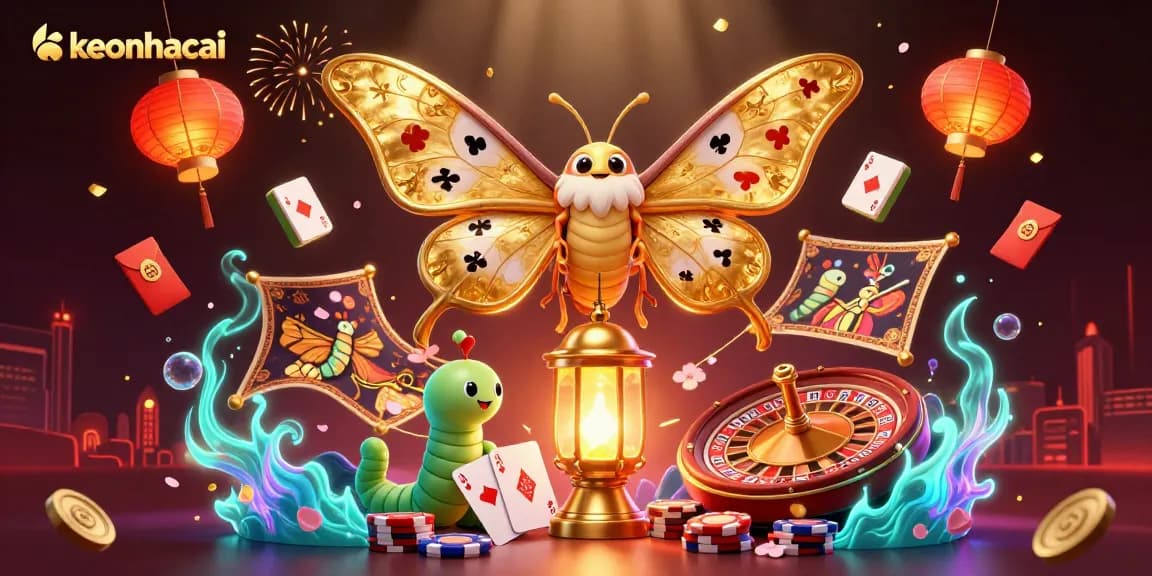 Engage with keonhacai by exploring a vibrant casino atmosphere featuring a mythical moth and gambling elements.