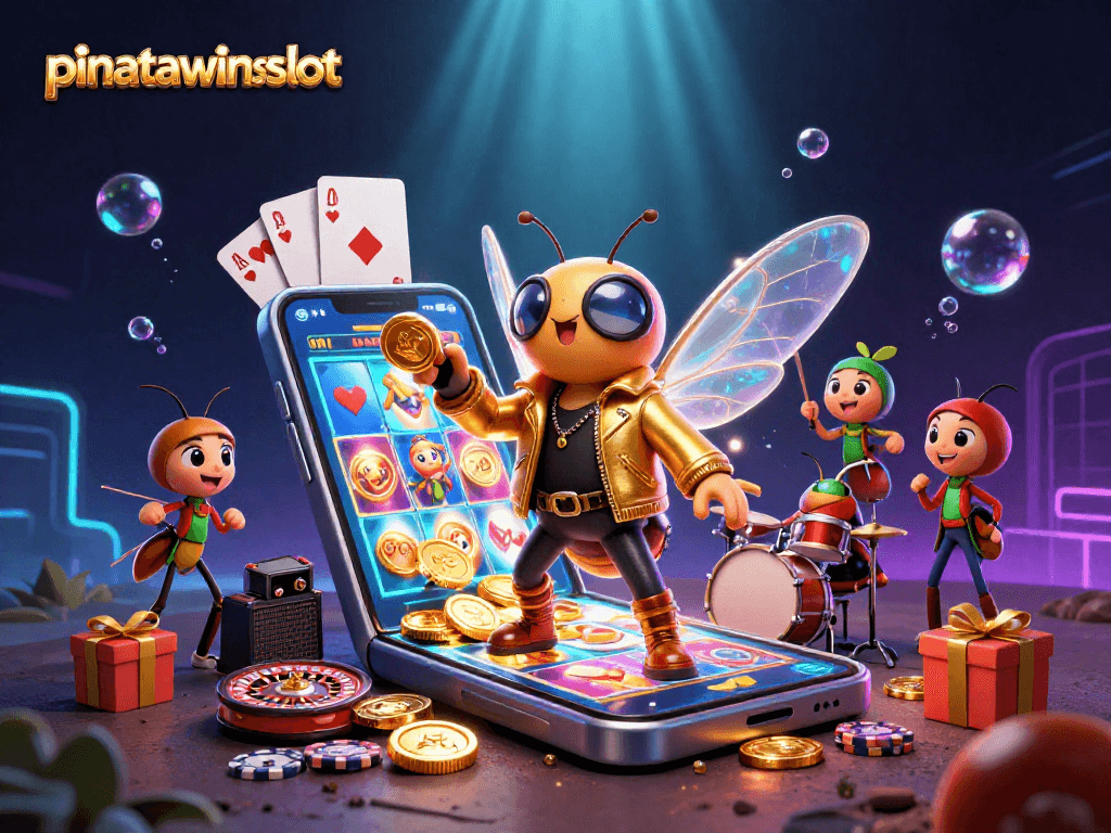 Engage in the colorful action of pinatawinsslot with a lively 3D illustration of vibrant casino elements.