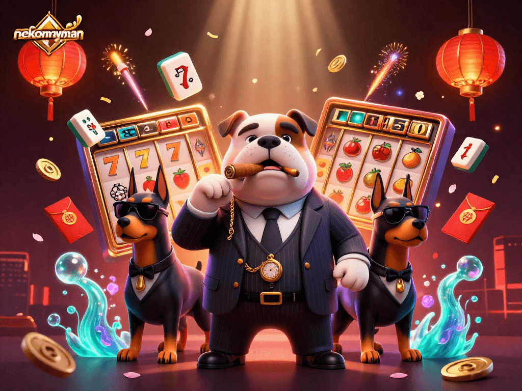 NekoMayman showcases a mafia bulldog with slot reels and festive elements, celebrating casino wins.
