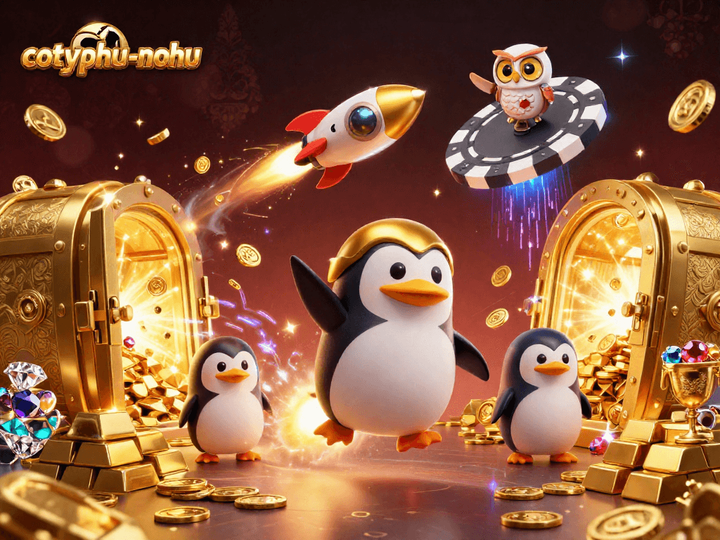Experience the thrill of cotyphu-nohu with a golden penguin racing through a vibrant casino cosmos.