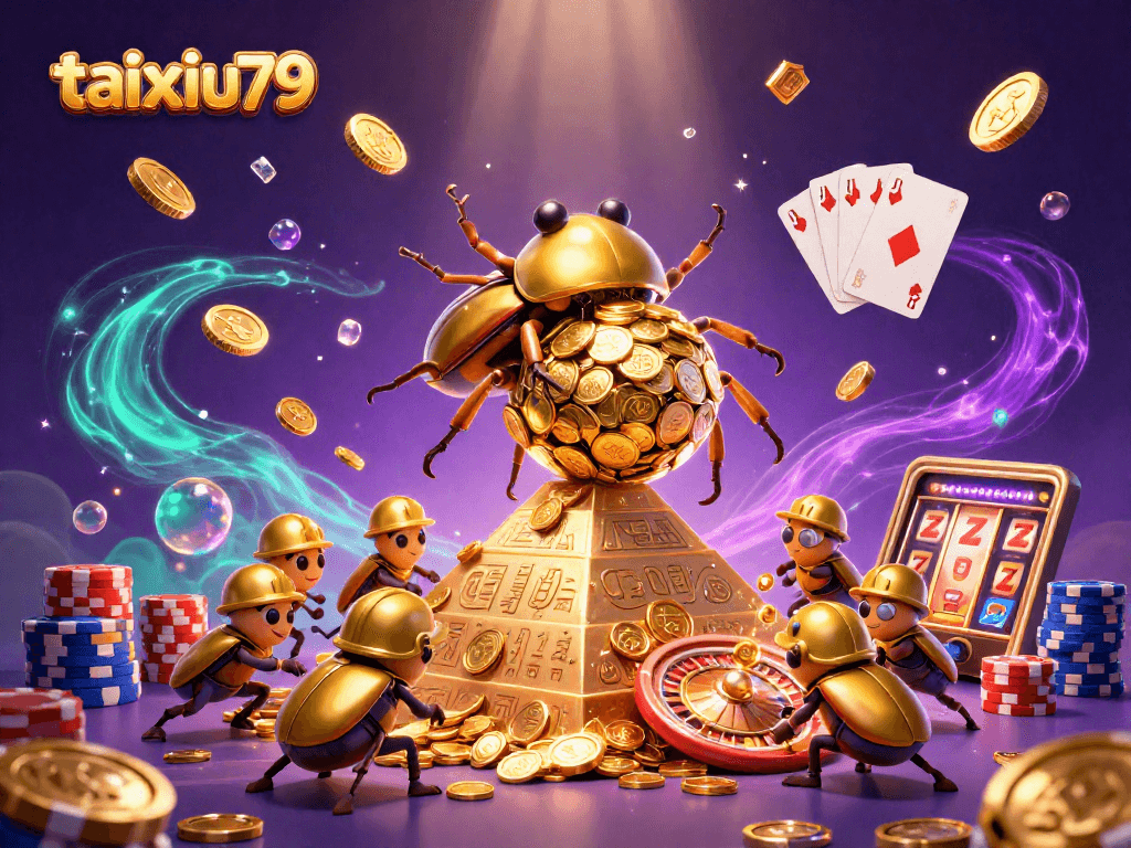 Experience thrilling moments with taixiu79 as a golden beetle rolls coins towards victory in this vibrant casino artwork.