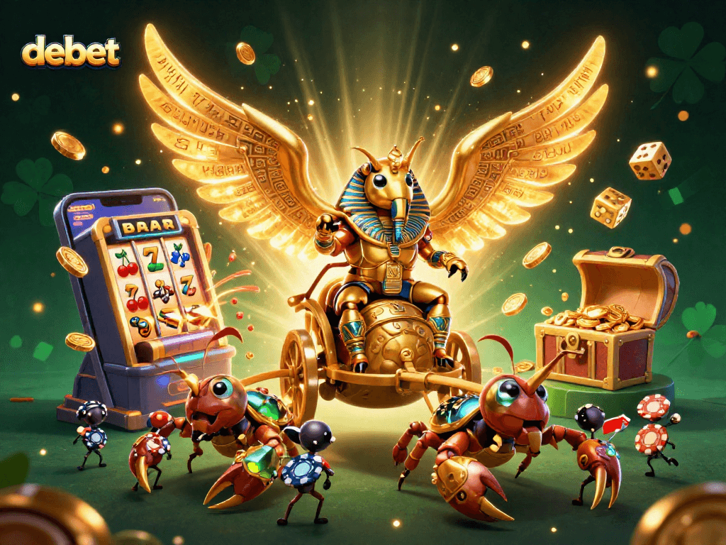 Experience debet gaming action with a golden scarab and scorpions in a vibrant casino scene.