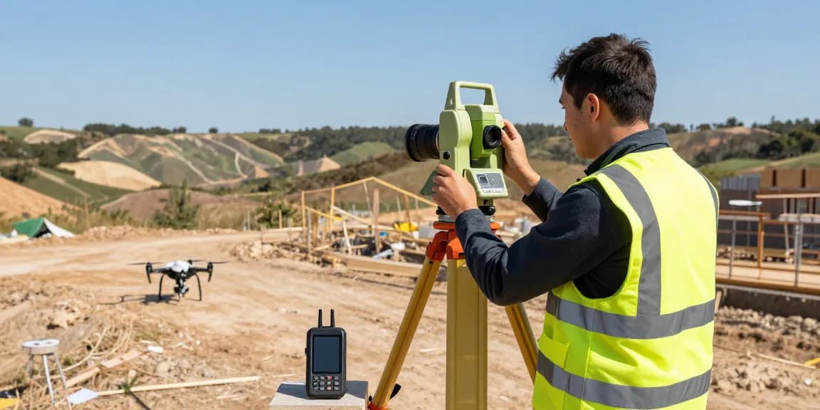 Land surveyors near me engaged in precise topographical surveying at a construction site, highlighting modern equipment and accuracy