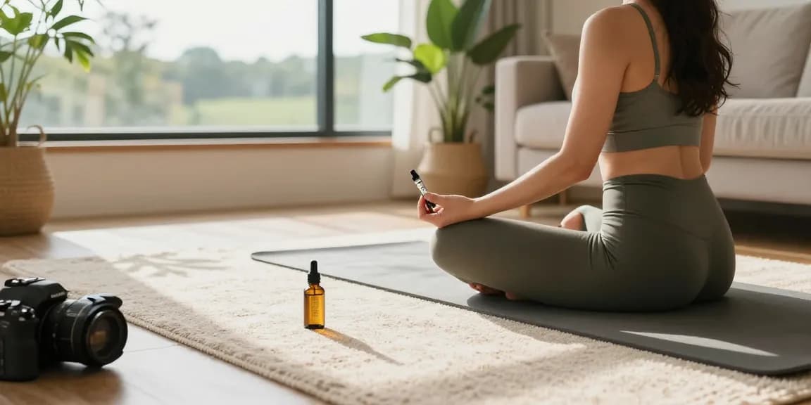 THC vape juice surrounded by a relaxing wellness scene with CBD oil and hemp products, promoting natural wellness.