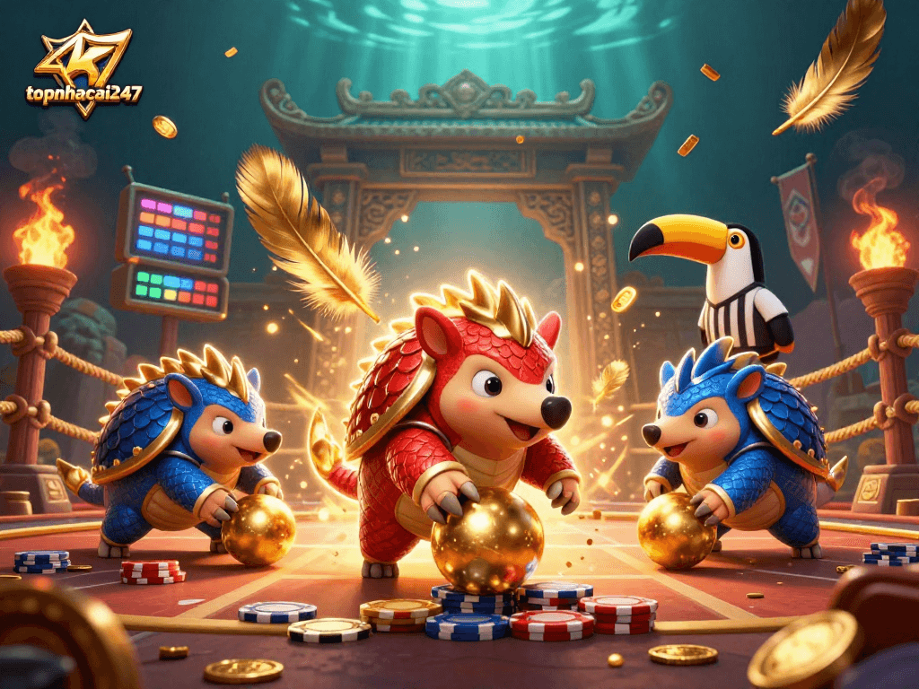Engage with topnhacai247's thrilling coin flip game where rival pangolins compete amidst vibrant casino elements.
