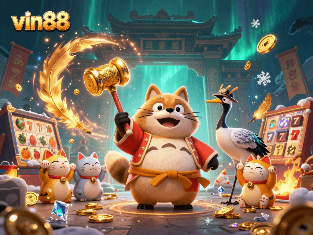Enjoy the thrill of winning at vin88 with vibrant casino characters and games illustration