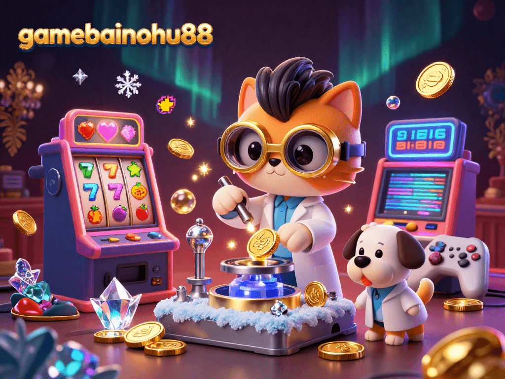 Win big in gamebainohu88 with a vibrant casino scene featuring a mad scientist cat and playful dog.