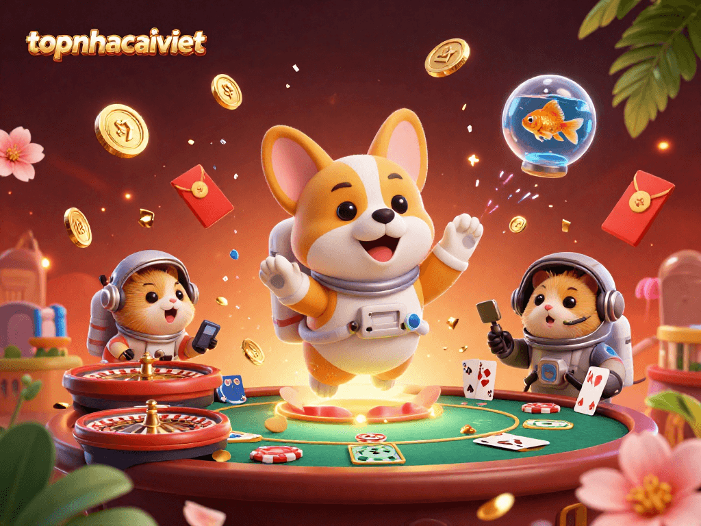 Engaging gaming excitement at topnhacaiviet, showcasing floating playing cards and golden chips in a vibrant casino environment.