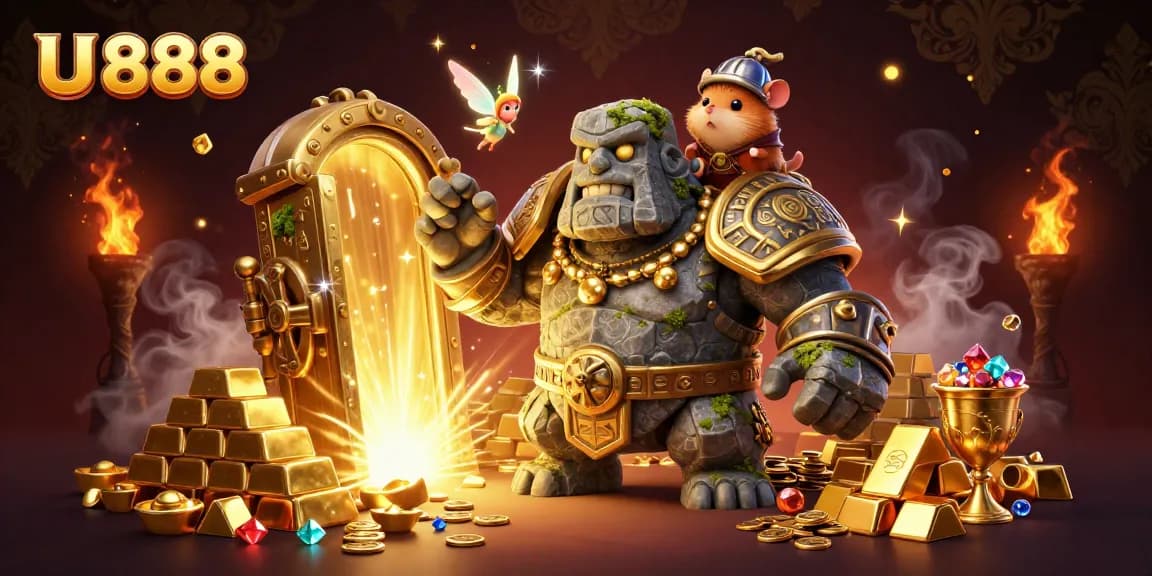 Experience the magic of U 888 with the ancient stone guardian and fantasy elements in a dazzling casino setting.