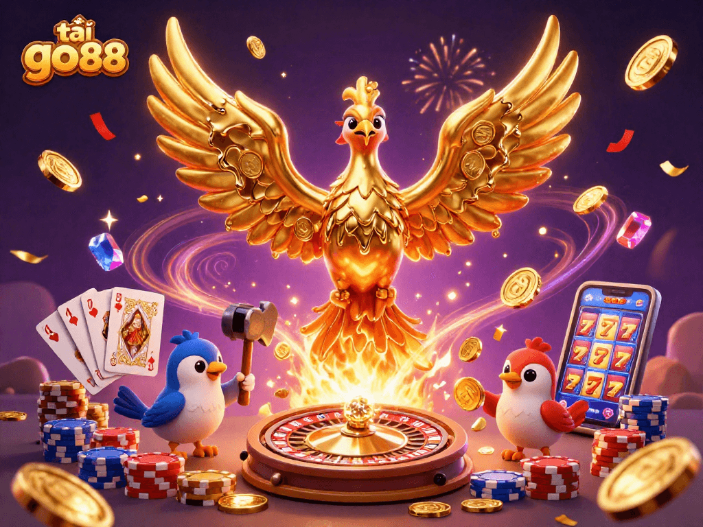 Engage in exhilarating gaming with tải go88, featuring a golden phoenix and cascading coins.