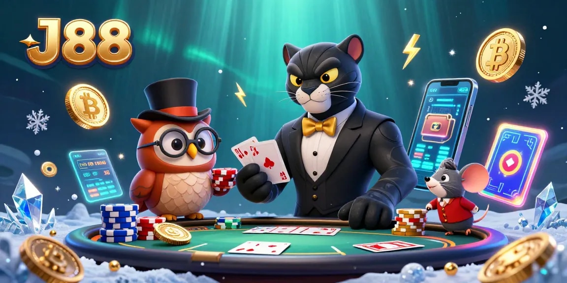 Shuffle cards with J88 at a vibrant casino scene featuring a tuxedo panther and neon crypto elements.