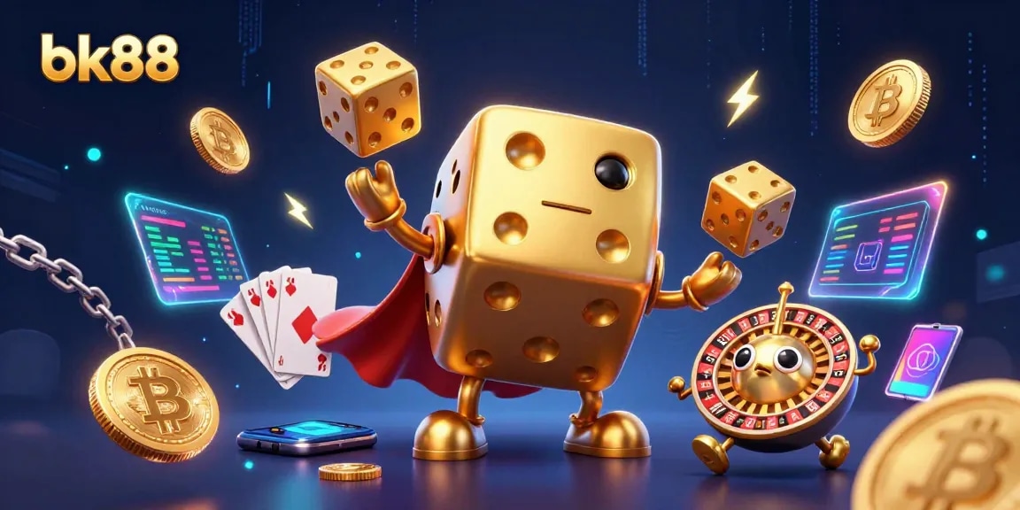 Experience winning at bk88 with an engaging 3D casino illustration filled with vibrant game elements.