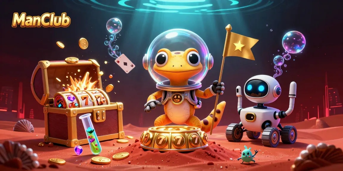 Experience the thrill of ManClub with a lively 3D illustration showcasing a Martian gecko and casino elements.
