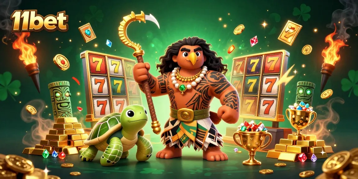 Experience exciting slot games at 11bet with a dynamic scene showcasing vibrant treasures and characters.