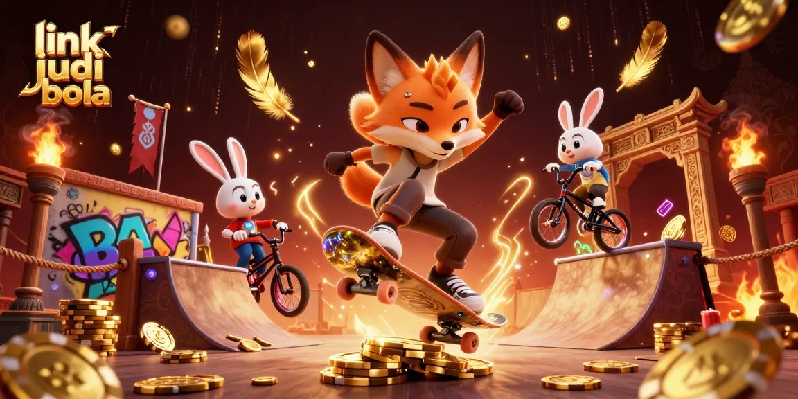 Engage with link judi bola while watching a cartoon skateboarder fox perform tricks over golden poker chips.