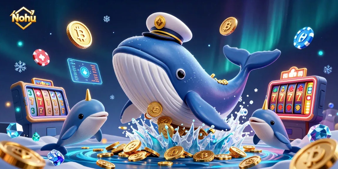 Nohu captivates players with a lively illustration of a whale breaching coins in a crypto casino.
