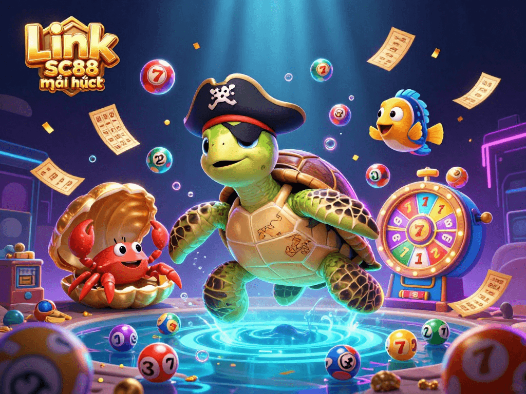 Engage with thrilling moments in Link SC88 mới nhất, featuring vibrant lottery elements and animated casino characters.