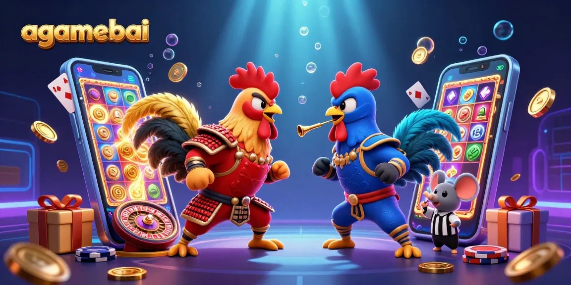 Experience excitement with agamebai in a lively cockfight scene featuring casino elements.