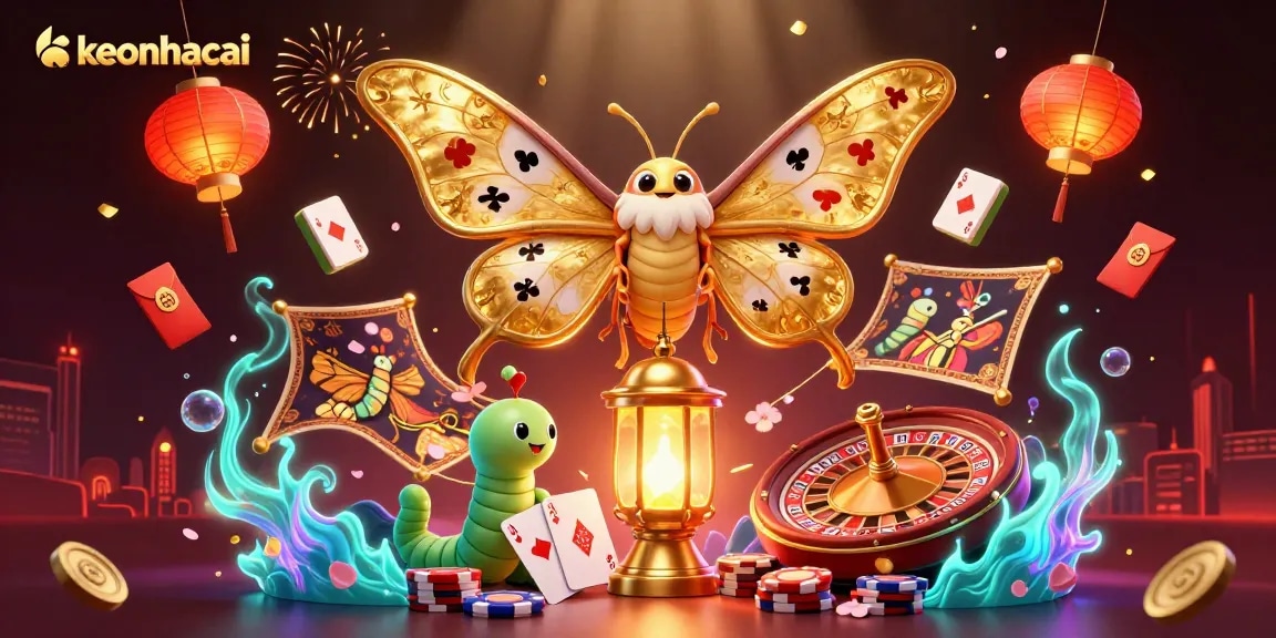 Engage with keonhacai by exploring a vibrant casino atmosphere featuring a mythical moth and gambling elements.
