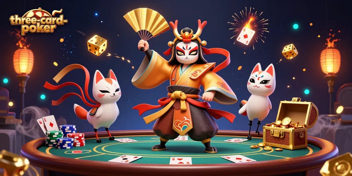 Engage in three-card-poker action with detailed characters and vibrant casino elements.