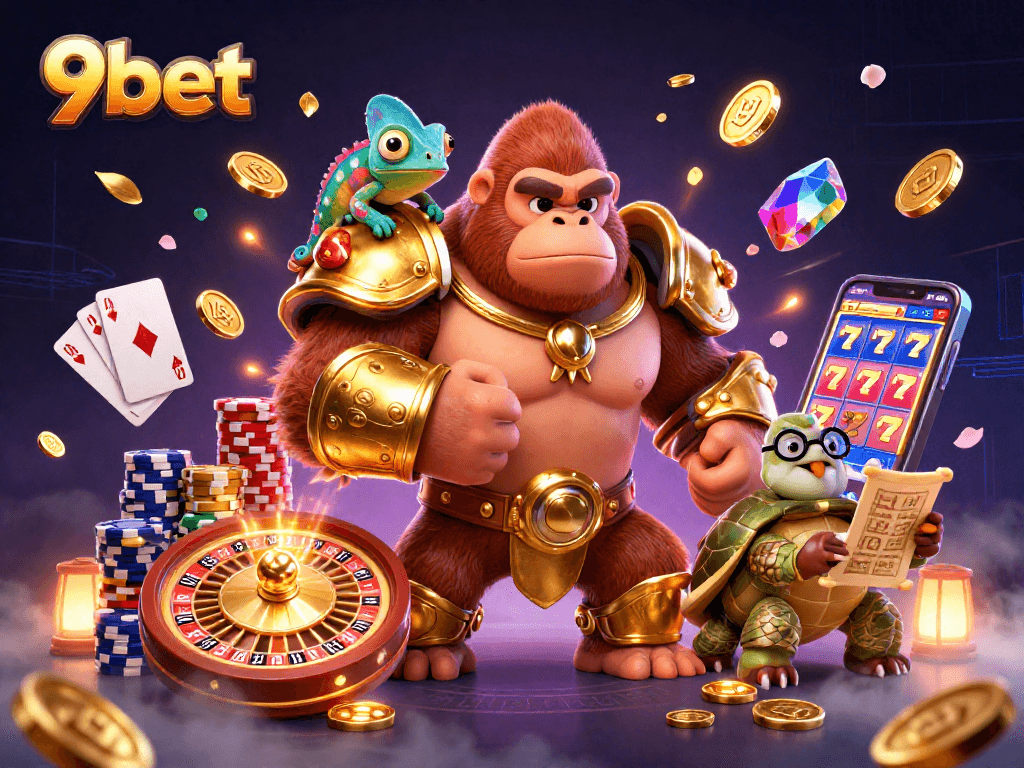 Experience the thrill of winning at 9bet with vivid illustrations of a king gorilla and dynamic casino elements.