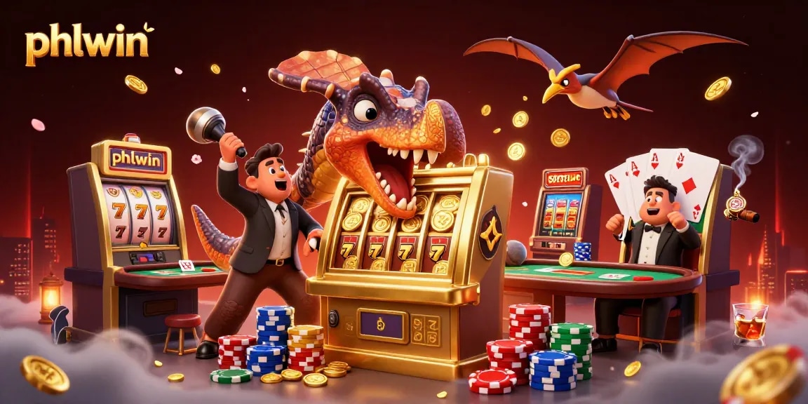 Experience the thrill of winning at phlwin with dynamic scenes of playful dinosaurs and casino action.