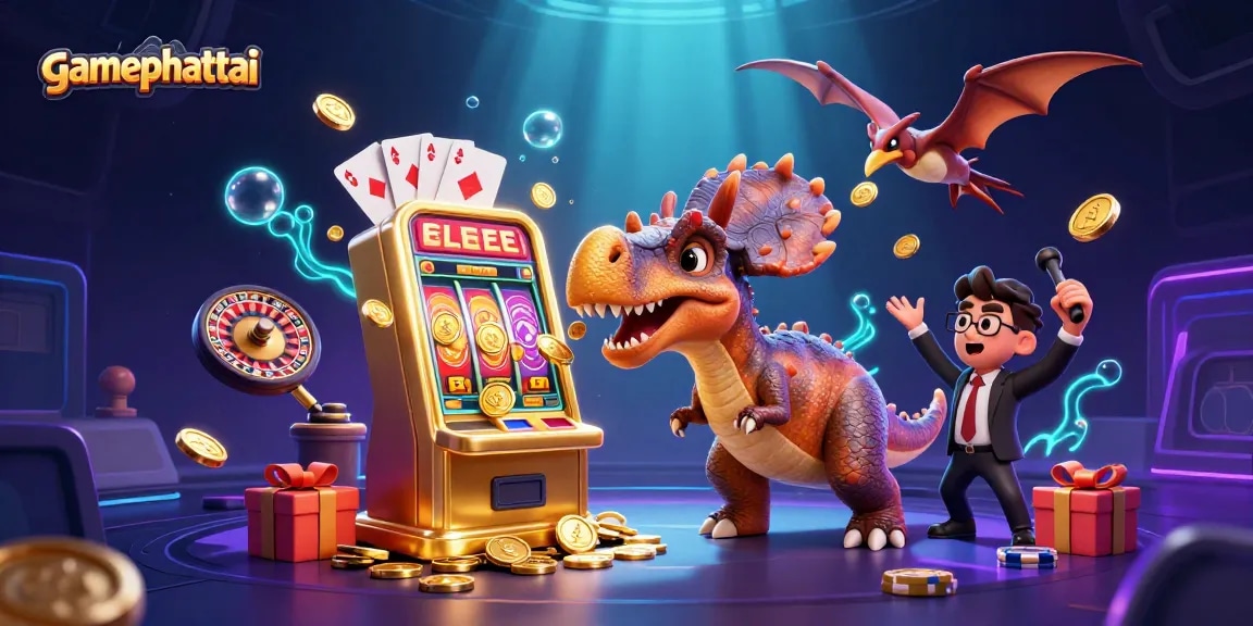 gamephattai features a thrilling scene with dinosaurs in a vibrant casino atmosphere, symbolizing excitement in online gaming.