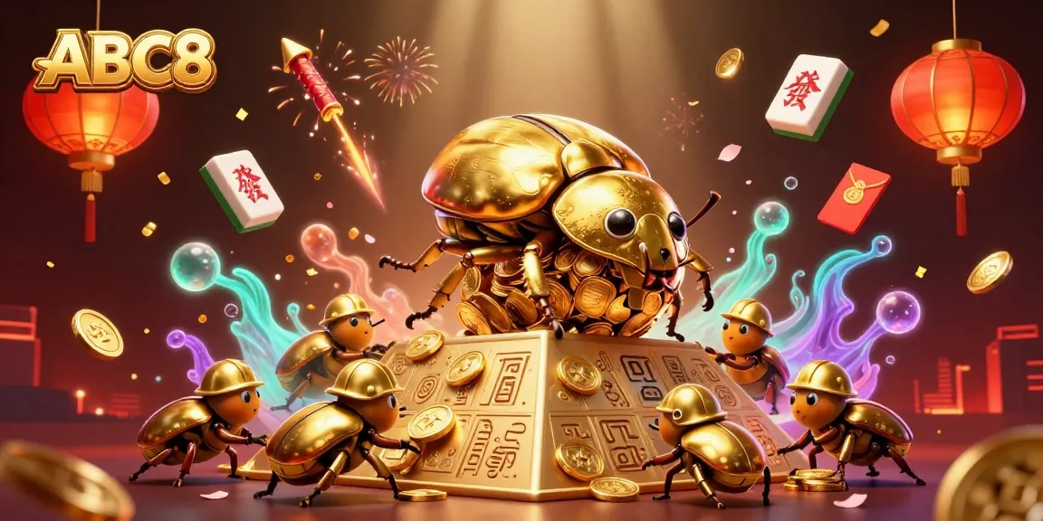Experience the excitement of ABC8 as a golden dung beetle rolls coins in a vibrant casino scene.