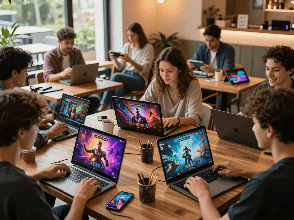 Engaged players enjoying diverse porn games on laptops, tablets, and smartphones in inviting settings.
