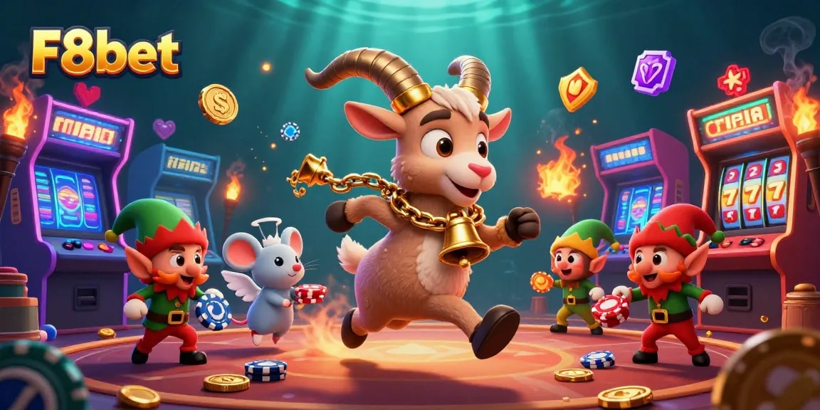 Engaging 3D illustration showcasing F8bet with lively characters in a festive casino setting.