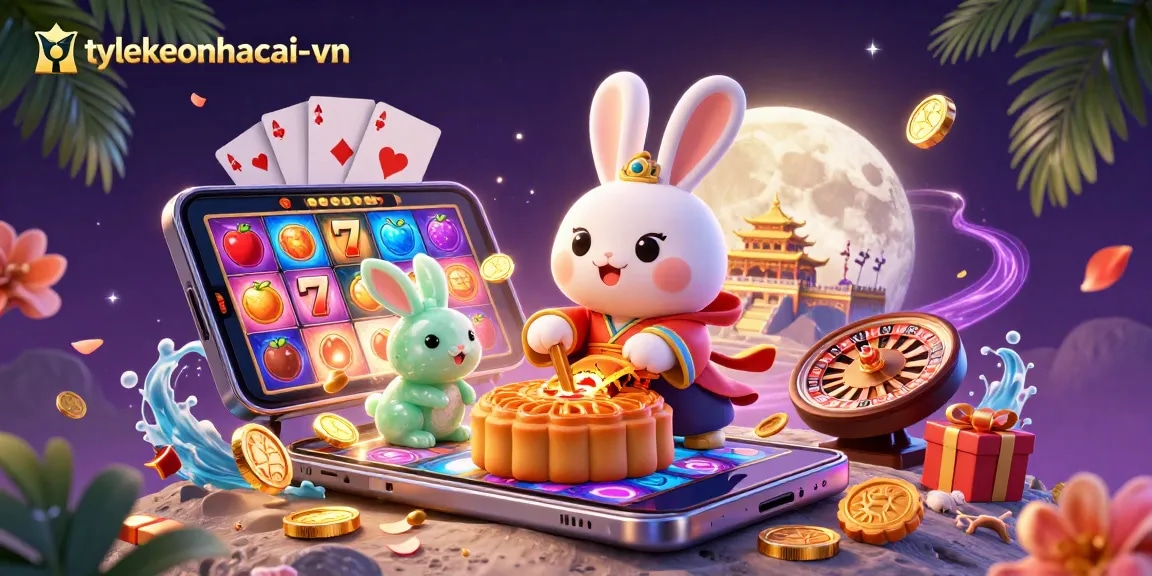Engage in thrilling gameplay at tylekeonhacai-vn with a vibrant 3D moon rabbit illustration celebrating casino gaming.