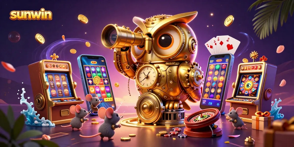 Play exciting casino games at sunwin, with vibrant slot games and golden coins exploding around a charming owl.
