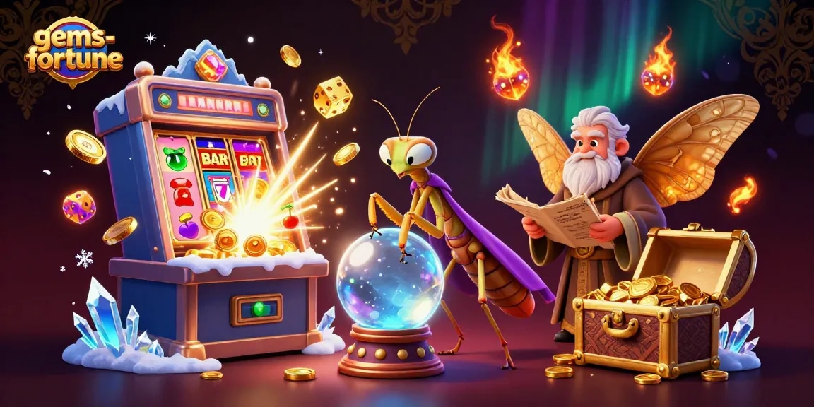 Experience gems-fortune magic with a 3D cartoon scene of fortune tellers and slot machines bursting with prizes.