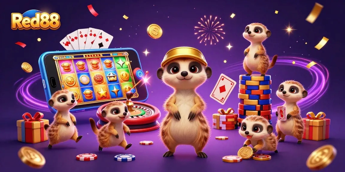Experience thrilling gameplay at Red88 with a vibrant meerkat casino scene showcasing energetic dealers and exciting slot games.