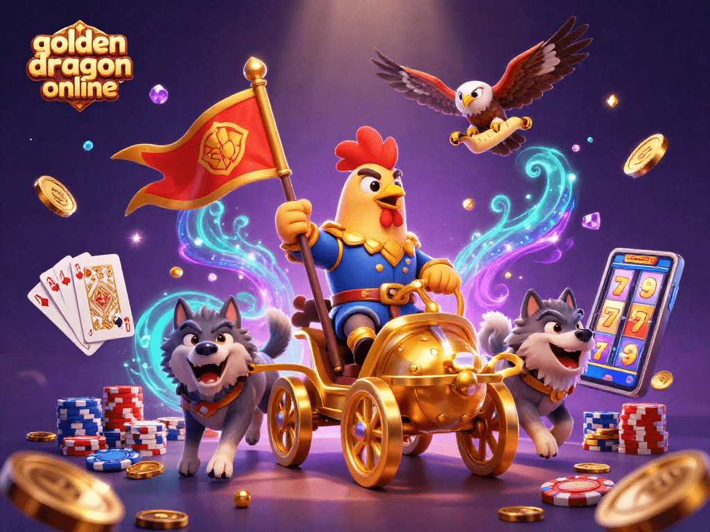 Cascading coins surround the golden dragon online theme as a rooster warlord leads a fantasy casino adventure.