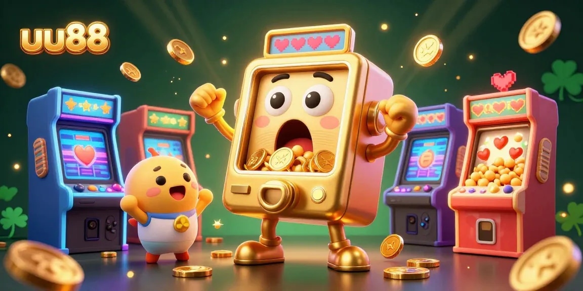Experience thrilling gameplay at uu88 with a golden slot machine hitting the jackpot amidst colorful arcade elements.
