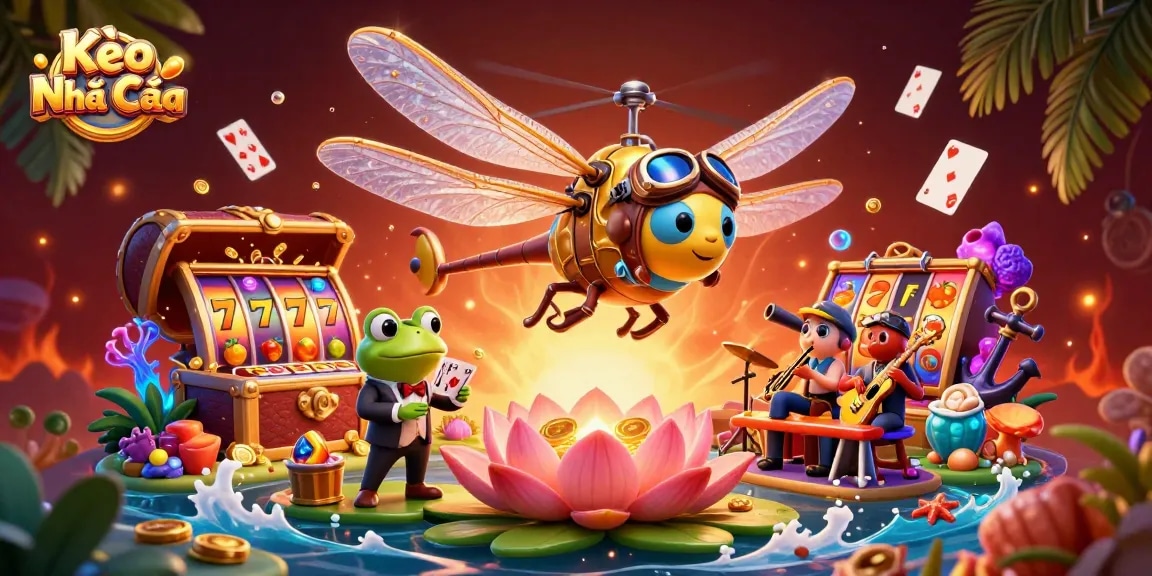 Kèo Nhà Cái showcases a vibrant casino scene with a dragonfly pilot, frog dealer, and jazz musicians.