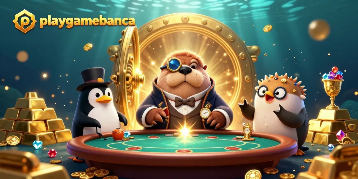 Playgamebanca's audience engages in underwater poker surrounded by gold treasures and gems.