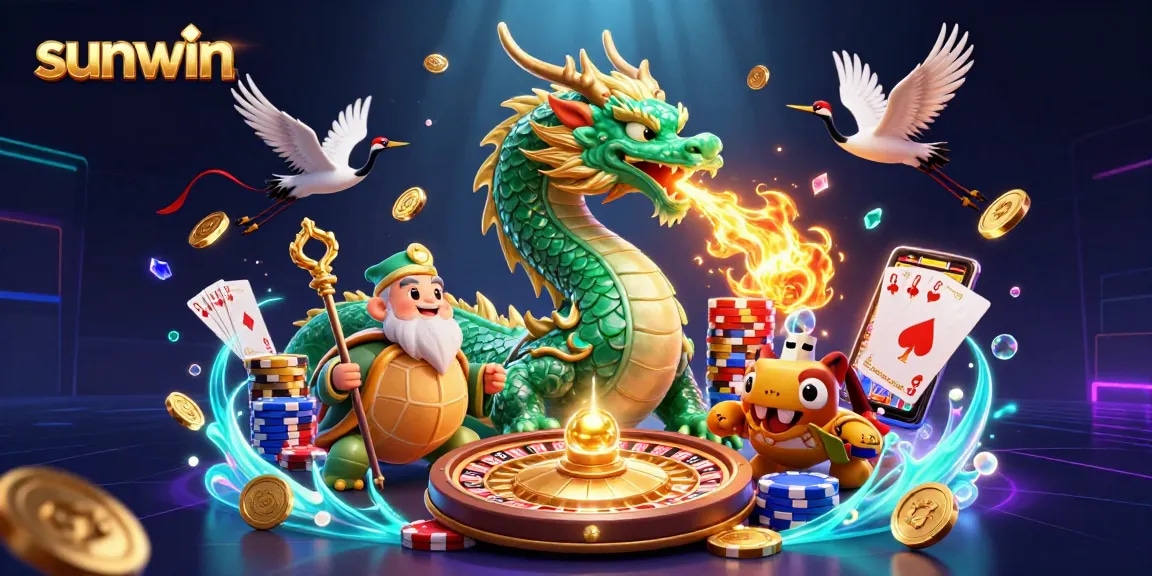 Experience the thrill of sunwin with a vibrant 3D casino scene featuring a jade dragon and lucky symbols.