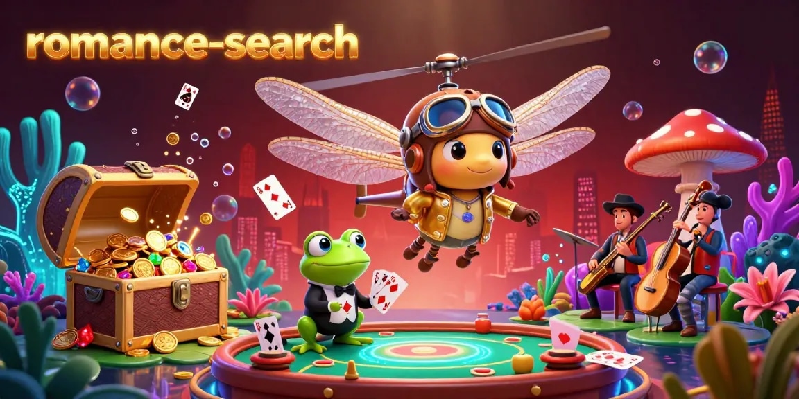 Experience thrilling wins at romance-search with a vibrant dragonfly pilot and frog dealer in a lively casino scene.
