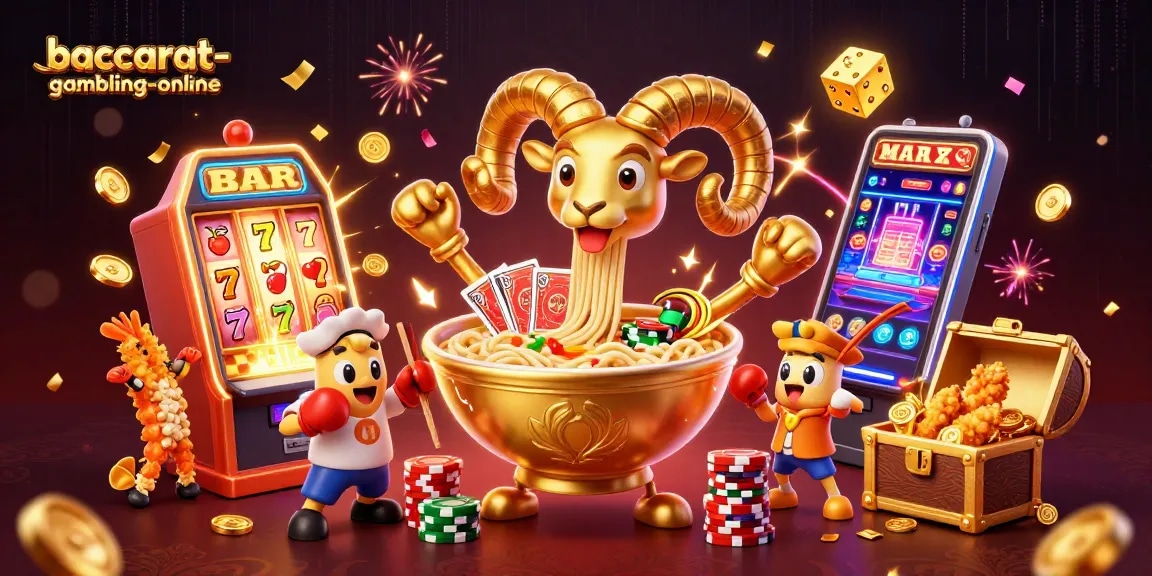 Baccarat-gambling-online scene showcasing a ramen bowl dealer with vibrant casino elements.